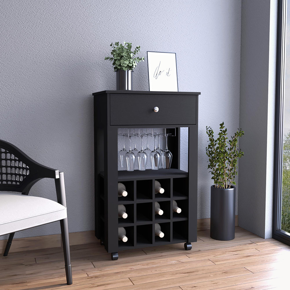 Symphony Bar Cart, Twelve Built-in Wine Rack, Four Legs, One Open Shelf -Black