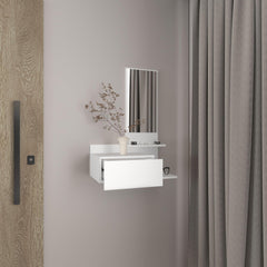 Record 23.6" Wide 3-Tier Shelf Floating Mirror Console Table, Full Extension Drawer White