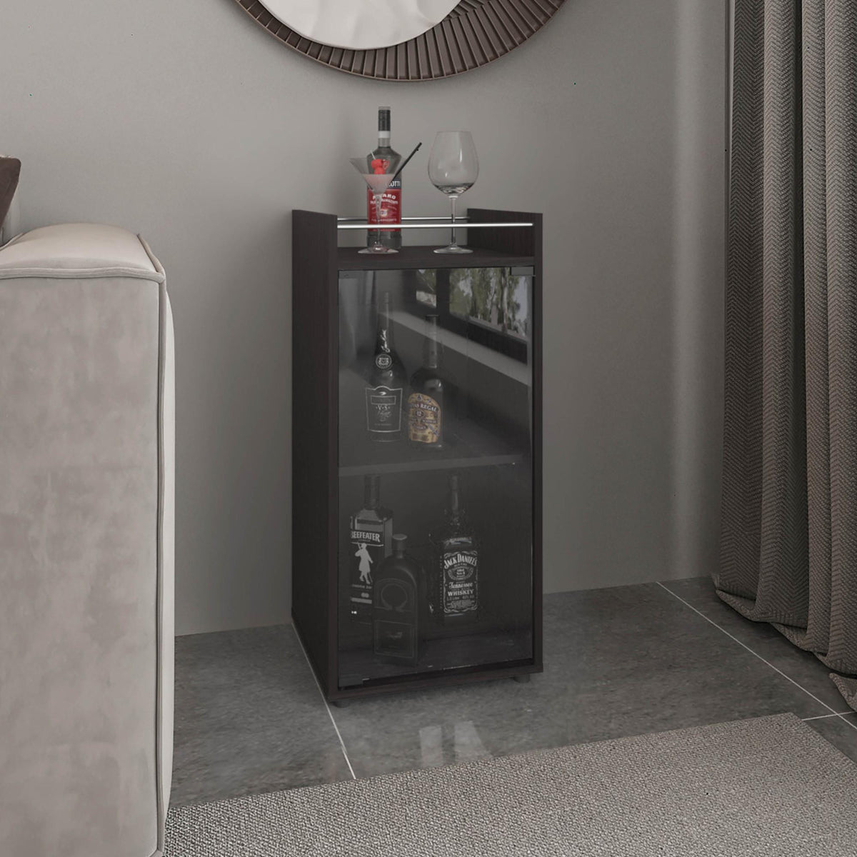 Crest Minibar Cabinet 2 Doors, Open Shelf And Compact Design, Modern Bar Storage, Black