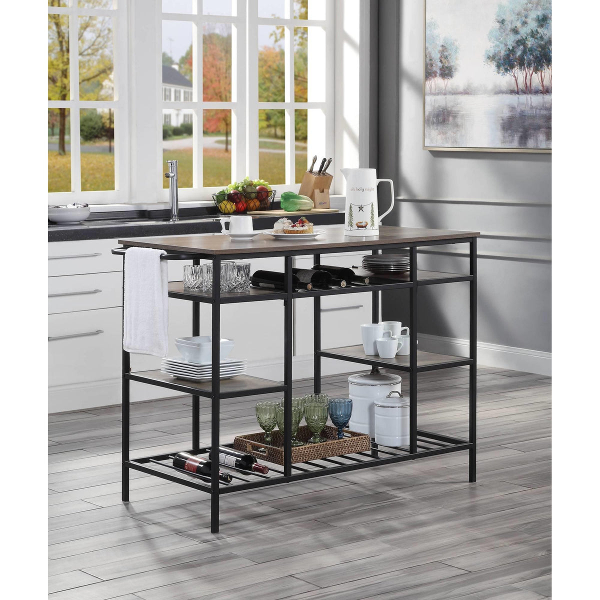Odysseus Rustic Oak & Black Finish Kitchen Island