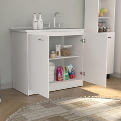 Pulsar Utility Sink With Cabinet, Double Door, One Shelf -White