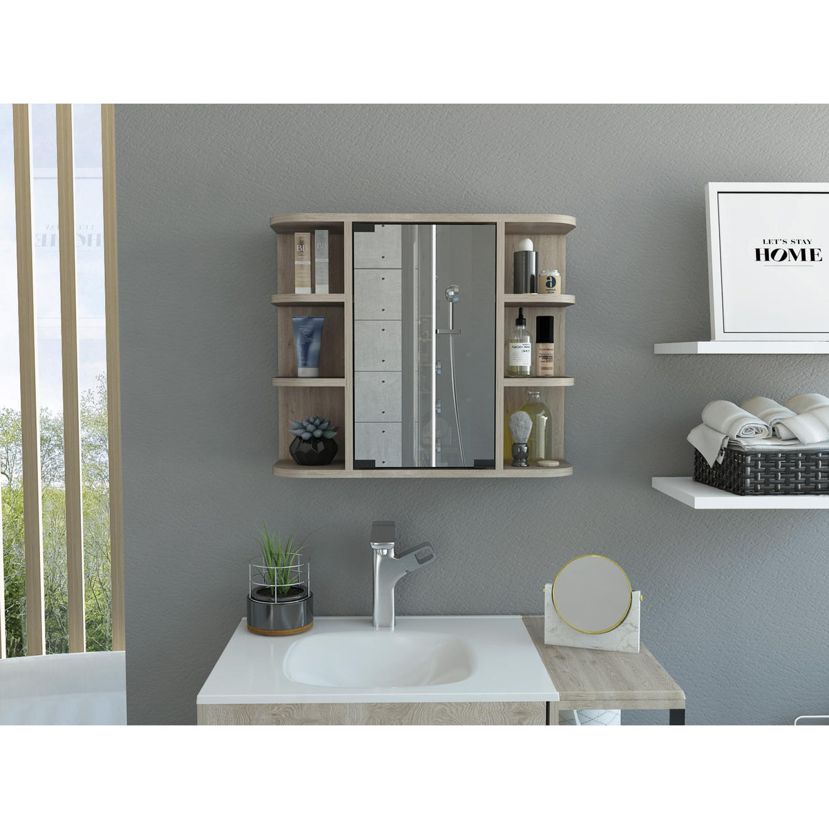 Record Medicine Cabinet, Six External Shelves Mirror, Three Internal Shelves -Light Gray