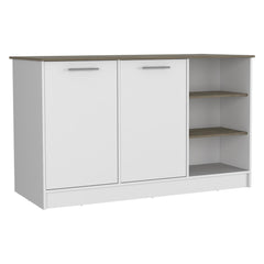 Archive Kitchen Island, Three Open Shelves, Two Cabinets -White / Dark Brown