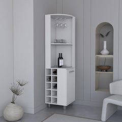 Lyra 70" Tall Corner Bar Cabinet With Four Shelves, Ten Wine Bottle Cubbies and Stemware in White