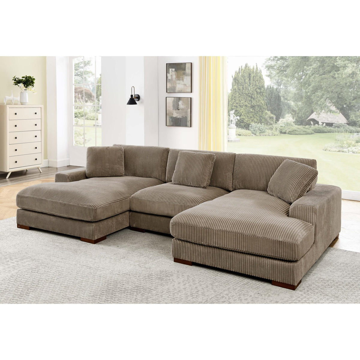 Large Seating Corduroy Upholstered Double Chaise Sectional