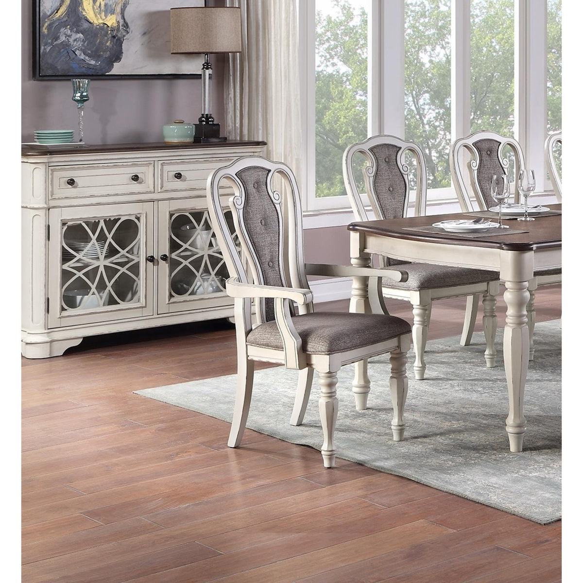 Antique White Set of 2pc Dining Arm Chairs Upholstered Tufted Unique Design Chairs Back Cushion Seat Dining Room