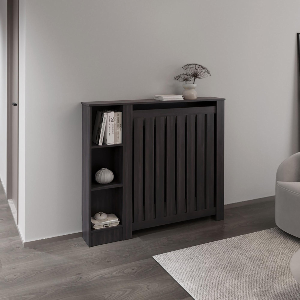 Camelot Cover Cabinet Joseph with Slatted Frame and 3 Shelves, Decorative Heater Cover, Modern Furniture Accent, Walnaut