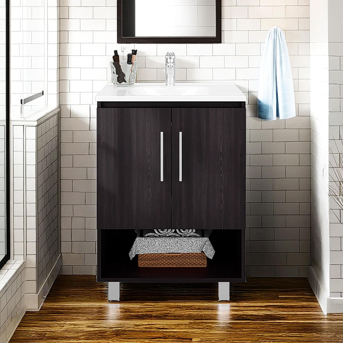 Tale Free Standing Resin Sink Bathroom Vanity With One Door Cabinet, And Open Shelf, Black