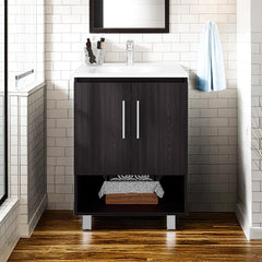 Tale Free Standing Resin Sink Bathroom Vanity With One Door Cabinet, And Open Shelf, Black