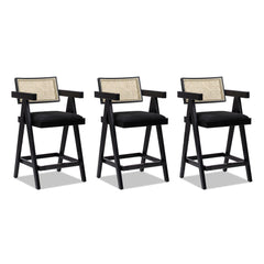 Record 25.5" Modern Resin Webbing Back Bar Stool with Arms, Set of 3, Ebony Black Boucle