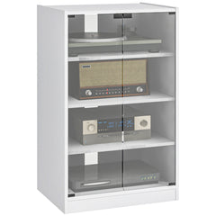 4-Tier Media Cabinet, Media Stand with Adjustable Shelves, Tempered Glass Doors, and Cable Management, Distressed White
