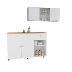2 Piece Kitchen Set, Kitchen Island Cart + 150 Wall Cabinet Glass, White / Light Oak