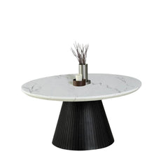 Contemporary Style Round Cocktail Table Faux Marble Top Reeded Drum Base Black Finish Primary Living Room