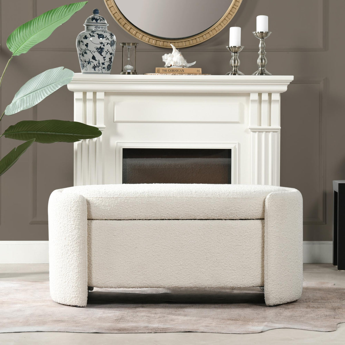 Tale 43" Upholstered Oval Storage Bench, Ivory White Boucle