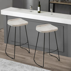 Neptune 30 Inch Handcrafted Backless Barstool, Whitewashed Mango Wood Saddle Seat, Black Metal Base
