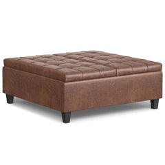 Aeneas 40 inch Wide Large Square Coffee Table Storage Ottoman in Distressed Saddle Brown Vegan Leather