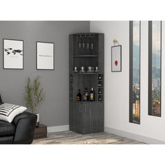Story Corner Bar Cabinet, Eight Bottle Cubbies, Double Door, Two Open Shelves -Smokey Oak