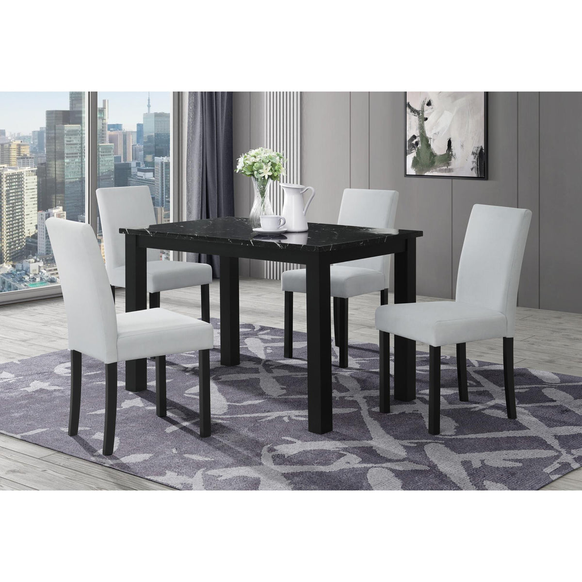 Odyssey Black Dining Table and (4) Silver Dining Chairs