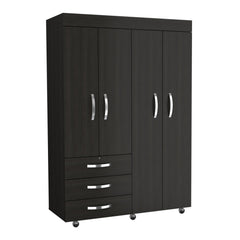 Clytemnestra Mobile Armoire, with hanging Rods, Double Door Cabinet, Three Drawers, Two Shelves Black