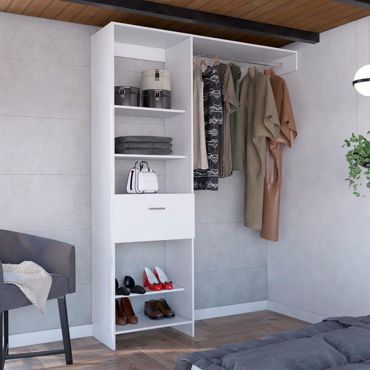 Oasis 150 Closet System, Metal Rod, Five Open Shelves, One Drawer -White
