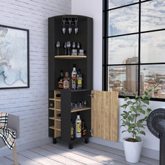Lyra 70" Tall Corner Bar Cabinet With Four Shelves, Ten Wine Bottle Cubbies and Stemware in Black - Pine
