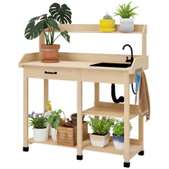 Potting Bench Table, Outdoor Garden Table Wooden Work Station with Removable Sink, Faucet, Drawer, Shelves, Hooks, Natural Wood