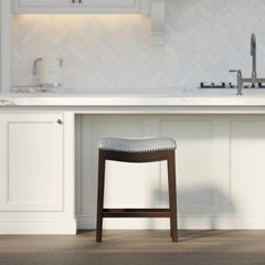Sanctuary H Counter-Height Wood Barstool with Gray Faux-Leather Seat, 1PC