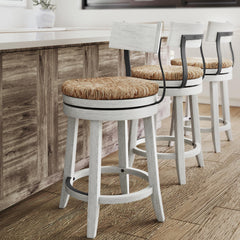 26" Wood Counter-Height Bar Stool with Natural Seagrass Seat, Reclaimed White, 1PC