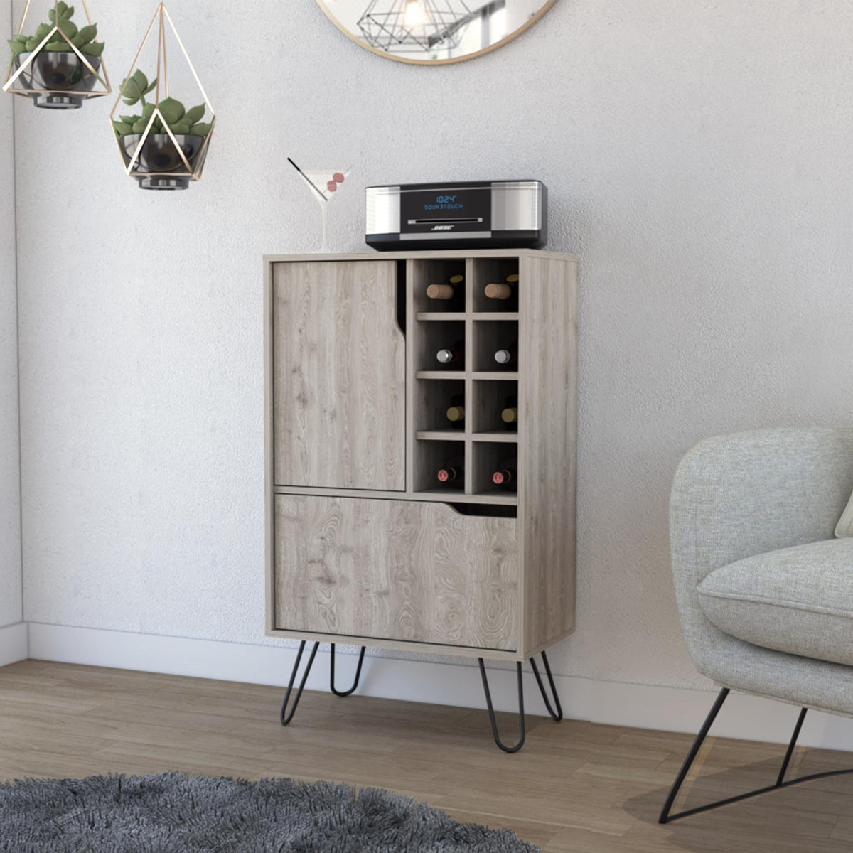 Record L Bar Cabinet, Eight Built-in Wine Rack, Single Door -Light Gray