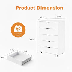 White 5-Drawer Dresser with Wheels – Modern Storage Cabinet
