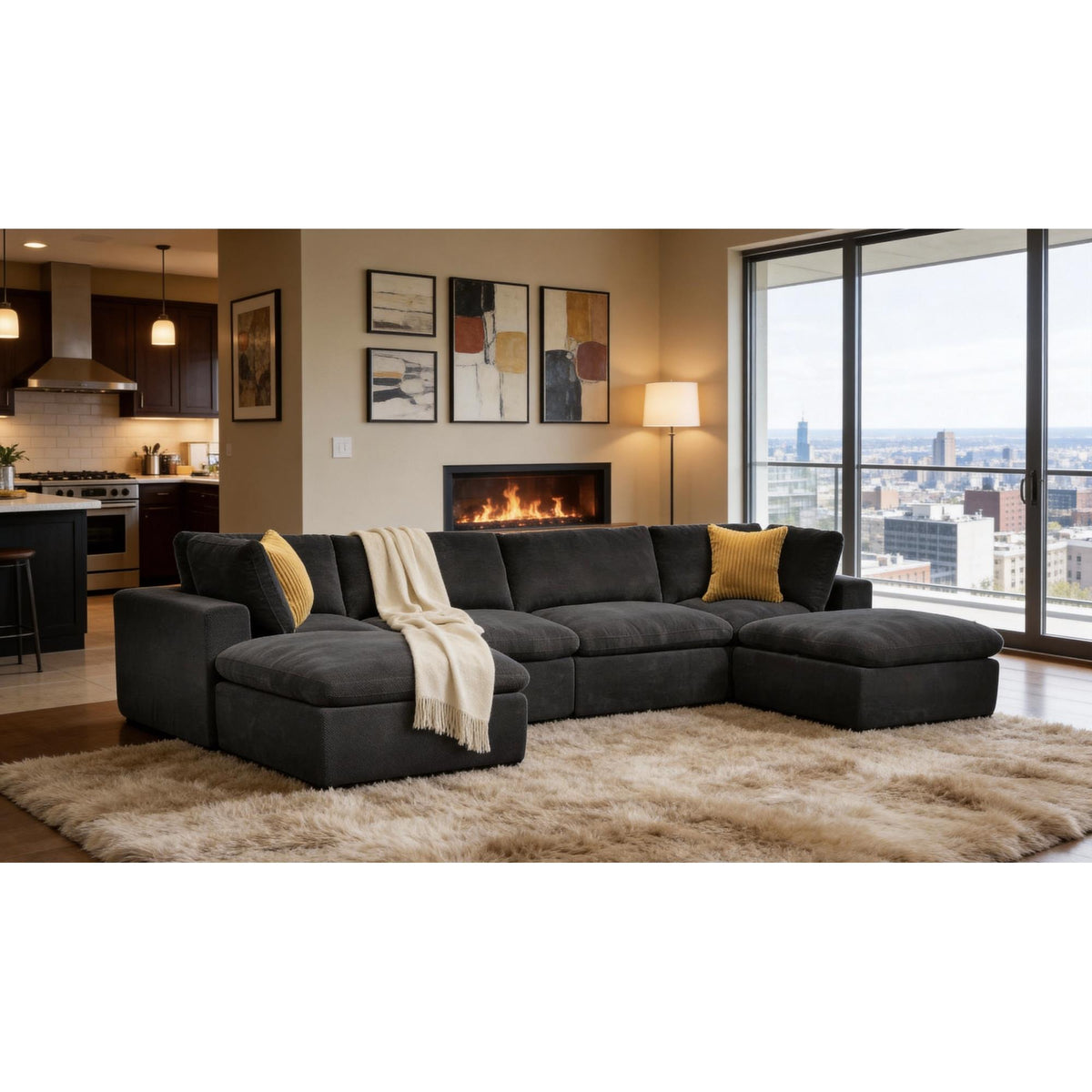 Coffee Bean Like Upholstery Full Compressed Modular Sectional with Toss Pillows