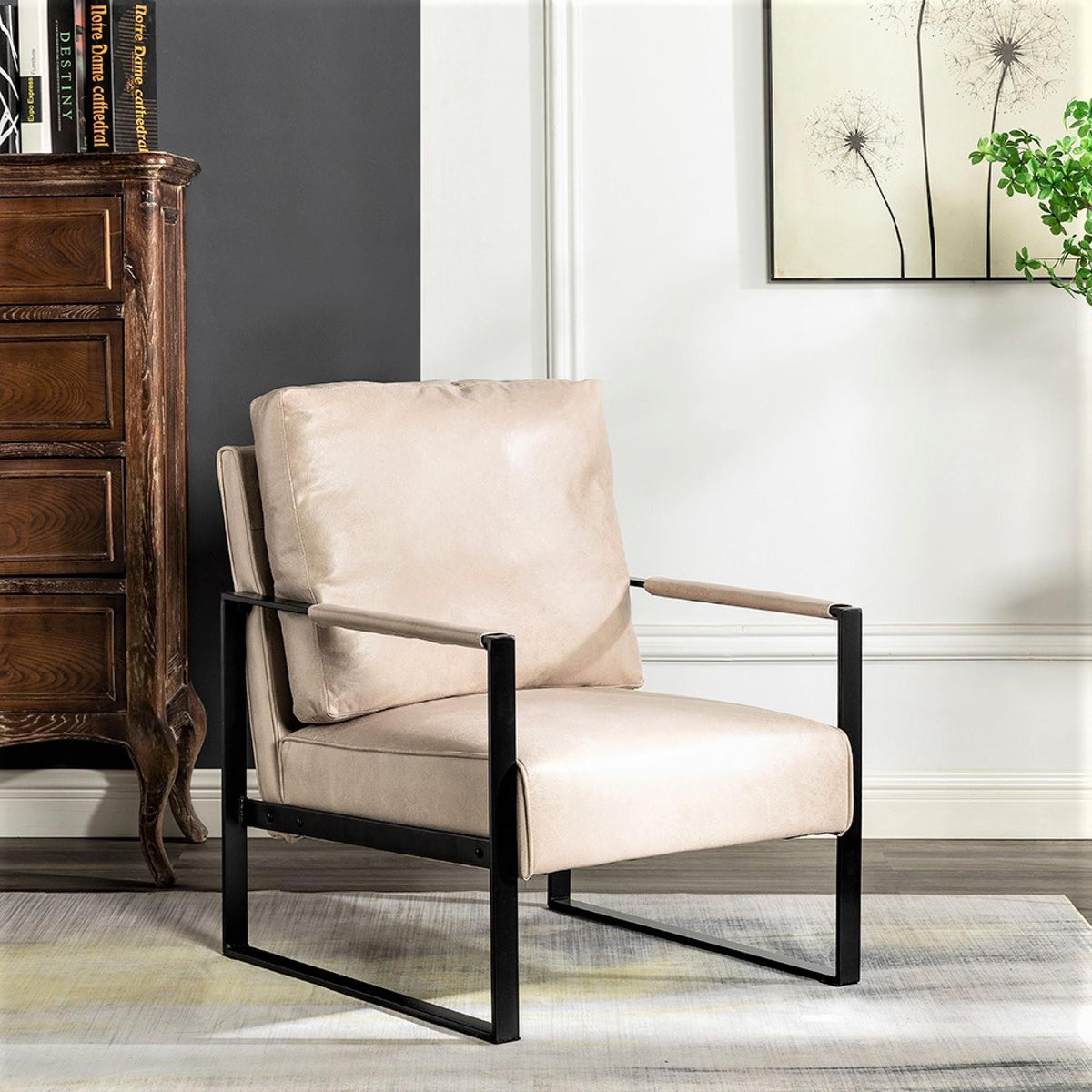 Nirvana Classic Mid Century Modern Accent Chair with Durable Square Metal Frame, Armchair for Living Room, Bedroom, Home Office in Spotted Microfiber Upholstery, Light Camel