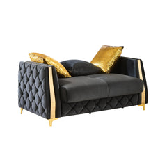 Haven Upholstered Loveseat in Black Fabric with Gold Stainless Steel Legs, Foam Cushioning and Sturdy Wood Frame