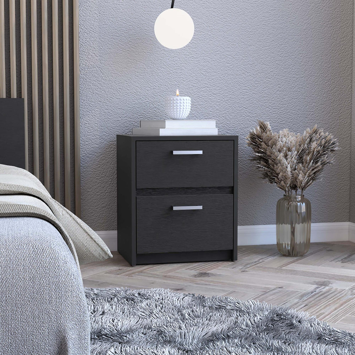 Crest 2 Drawers Nightstand , End Table, Side Table Metal Handles -Black