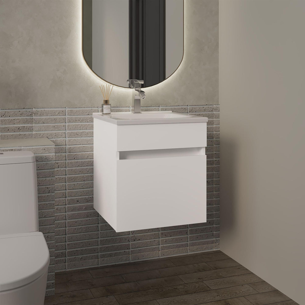 Quasar 18" Wide Floating Bathroom Vanity, With One Cabinet And Two Shelves, White