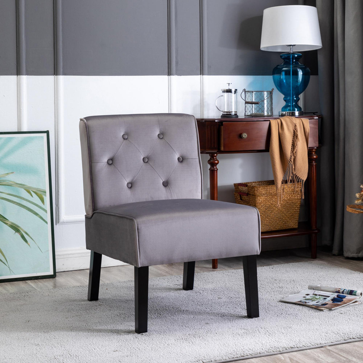 Venus 53" 2Piece Living Room Armless Button Tufted Pattern Accent Chair with Velvet Fabric and Premium High Density Foam Cushion, Grey