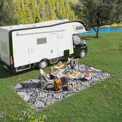 Outdoor Rug for Patio, 9' x 18' Waterproof Large Mat, Reversible Plastic Straw Rug for Decor, Portable Outside RV Camping Area Carpet Mat for Backyard Porch Deck Picnic, Gray & White Floral
