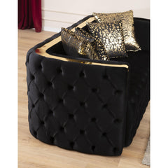 Revelation Button Tufted Loveseat with Velvet Fabric and Gold Accent in Black