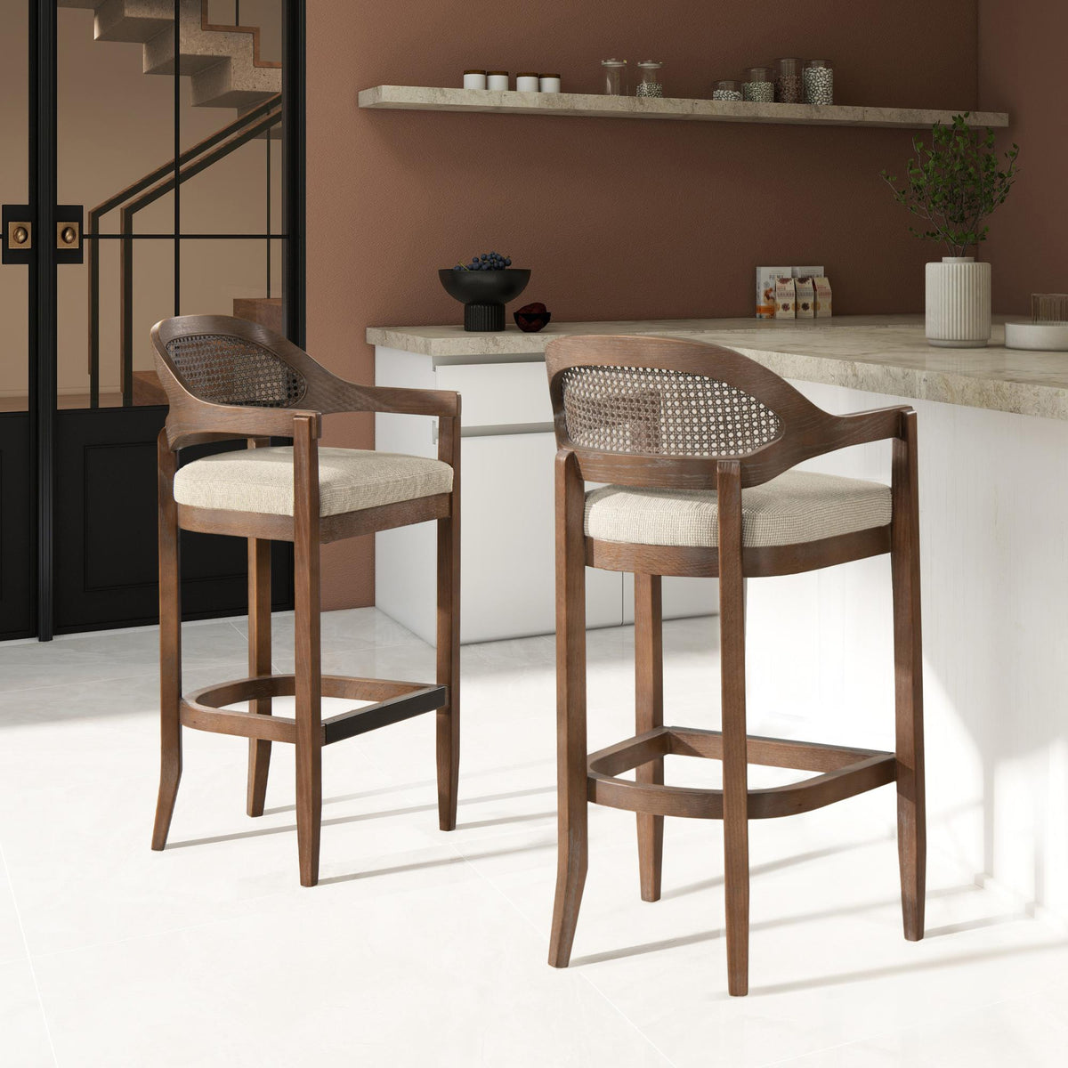 Ares Mid-Century Modern 30.5" Cane Back Bar Stool, Taupe Beige