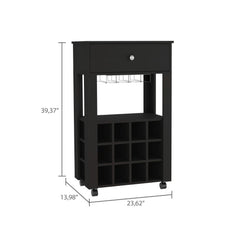 Symphony Bar Cart, Twelve Built-in Wine Rack, Four Legs, One Open Shelf -Black