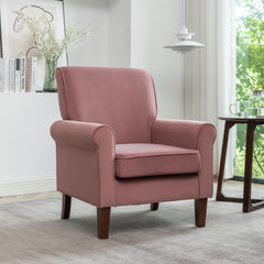 Traditional Rolled Arm Armchair, Solid Birch Wood Frame with Tapered Brown Legs, Polyester Blend Printed Cloth Upholstered Chair with Foam Filled Seat for Living Room Office