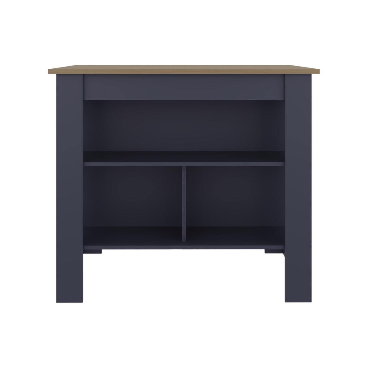 Astyanax Kitchen Island, Three Open Shelves, One Top Shelf, Four Legs, Modern Kitchen Decor And Organizer, Natural Oak, Blue