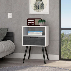 Nightstand 25"H, Superior Top, Four Legs, One Open Shelf, One Drawer, Smokey Oak / White