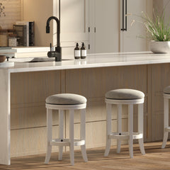 Sanctuary Counter-Height Wood Backless Barstool with Upholstered Gray Swivel Seat, White Frame, 1PC