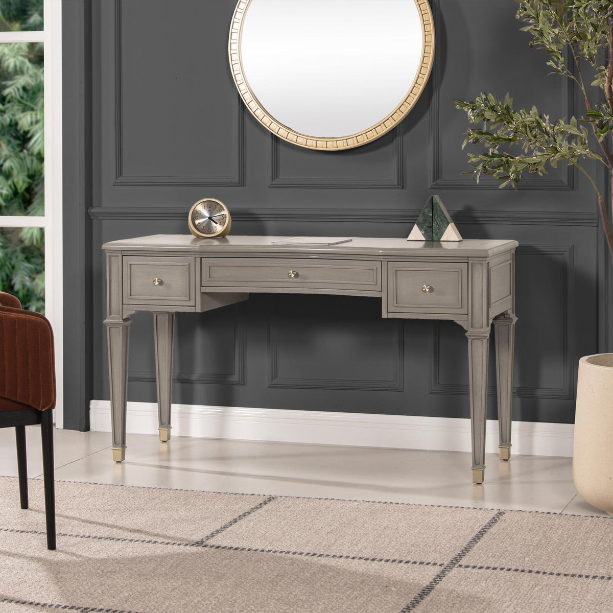Zeus 55" 3-Drawer Wood Executive Desk Grey Cashmere Rubber Wood & Veneer