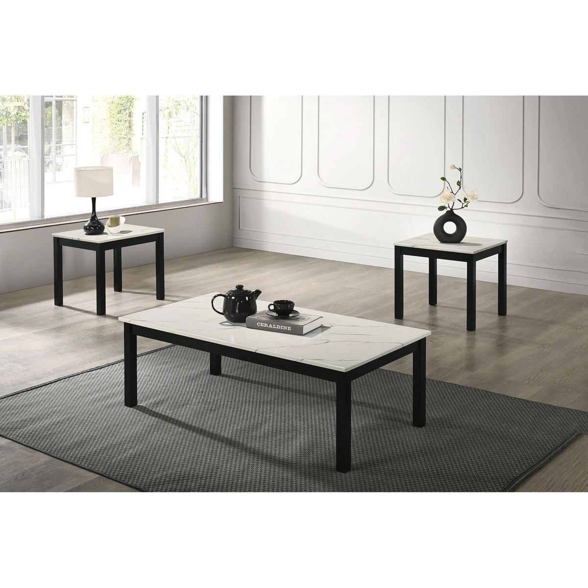 Contemporary White Finish 3pc Table Set 1x Coffee Table 2x End Table Faux Marble Top Wooden Legs Primary Living Room