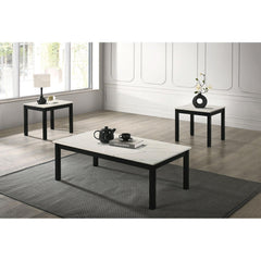 Contemporary White Finish 3pc Table Set 1x Coffee Table 2x End Table Faux Marble Top Wooden Legs Primary Living Room