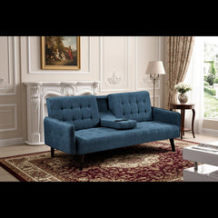 72" Sleeper Sofa Bed - Convertible Folding Backrest to Full Bed with Cup Holder & Drop-Down Table - Space Saving Linen Sofa for Small Spaces - Easy Assembly, Blue