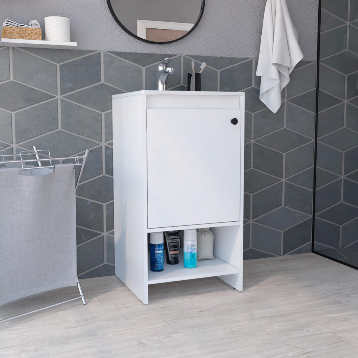 Showcase Bathroom Vanity, Single Door Cabinet, Two Shelves -White