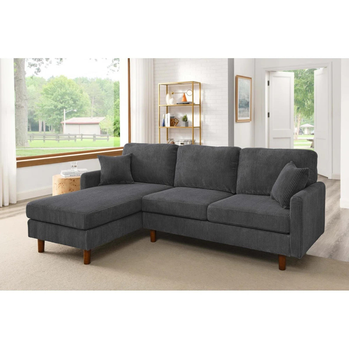 Corduroy Upholstered Sectional with Wooden Legs & Toss Pillows